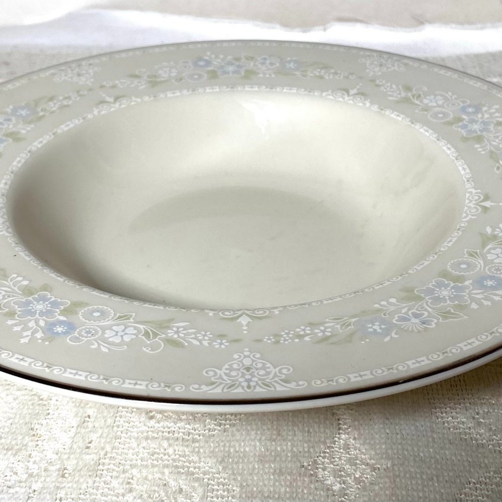 PICKARD Fine China Serenity USA Rim Soup Bowl - Blue & White Flowers, Moss Green